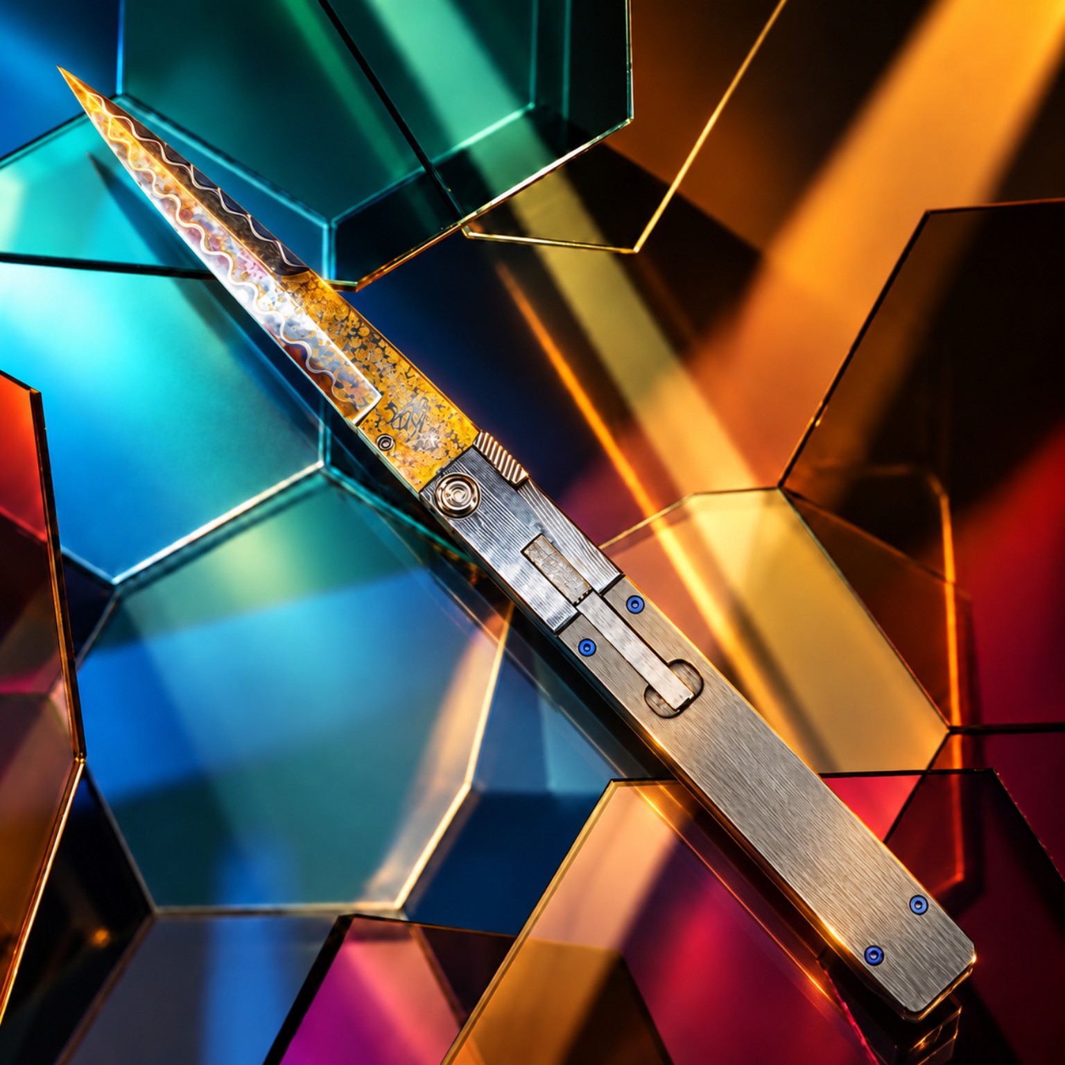 Colourful geometric metal artwork with a custom folding knife