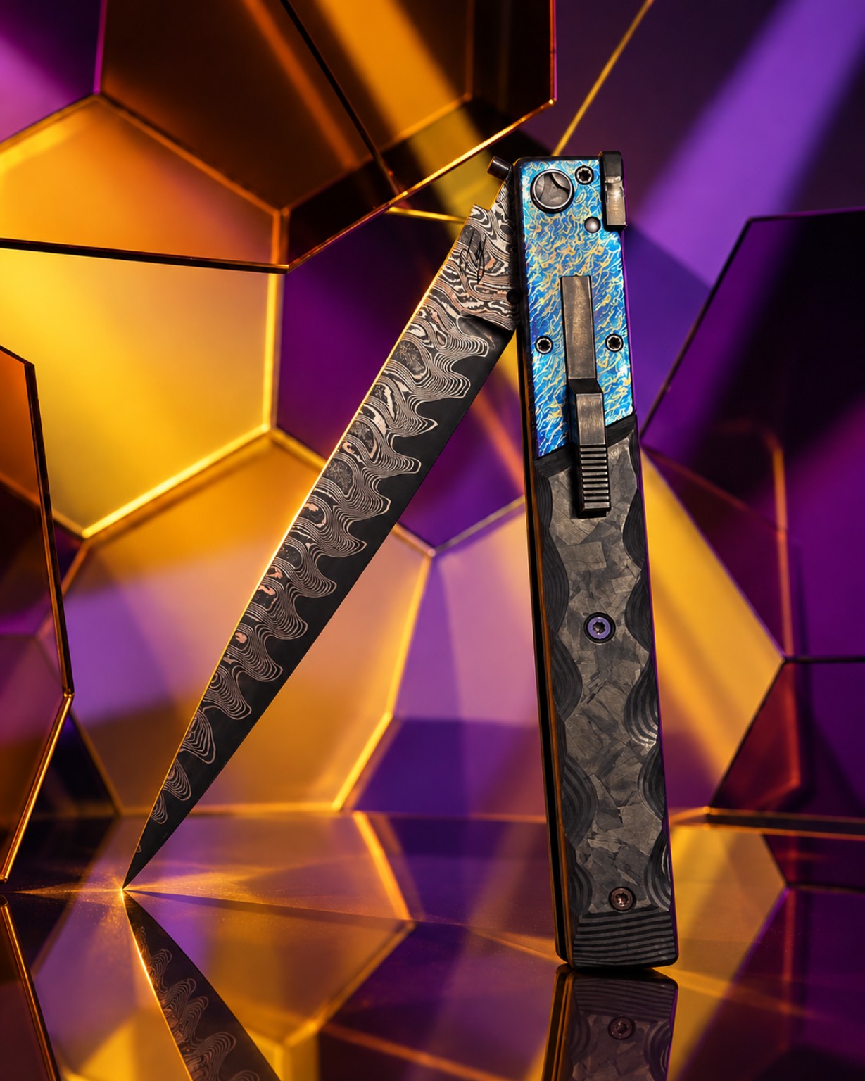 Colourful geometric metal artwork featuring a custom folding knife